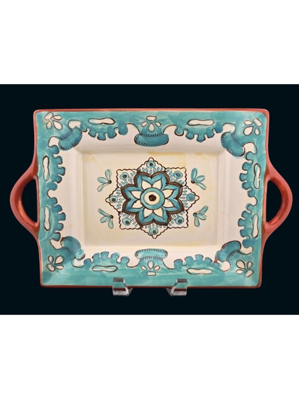Italian Blue and Green Ceramic Serving Tray With Handles - 13.5" X 8.5"